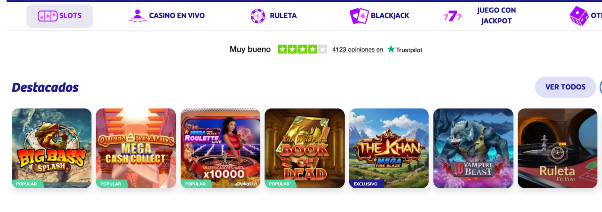 Variedad de juegos: tragamonedas, casino en vivo y bingo