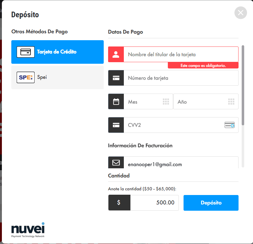 Opciones de pago disponibles en Matchbook